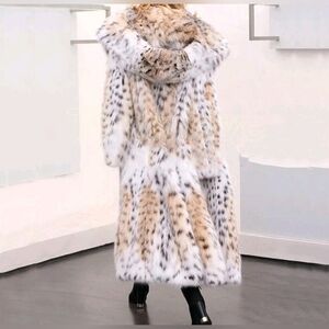 XXL Ankle Length Hooded Animal Faux Fur Leopard Print Festival Coat